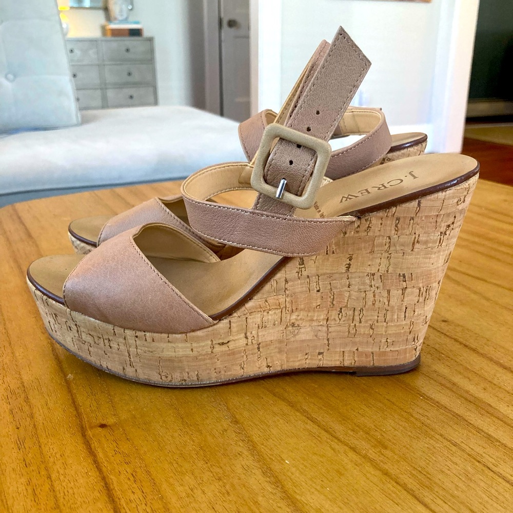 JCREW tan leather and cork wedges, size 8